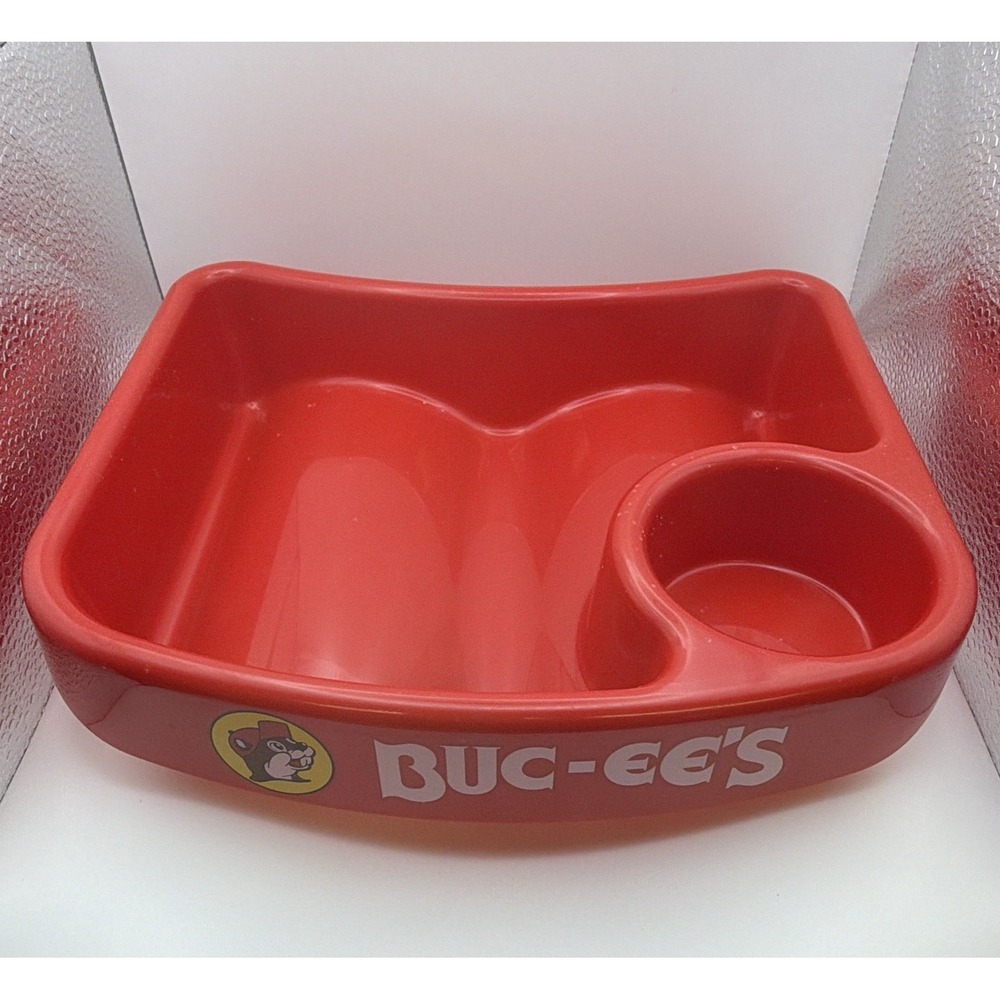 Buc-ee's Red Divided Plastic Serving Tray w/ Cup Holder, 2 Compartments
